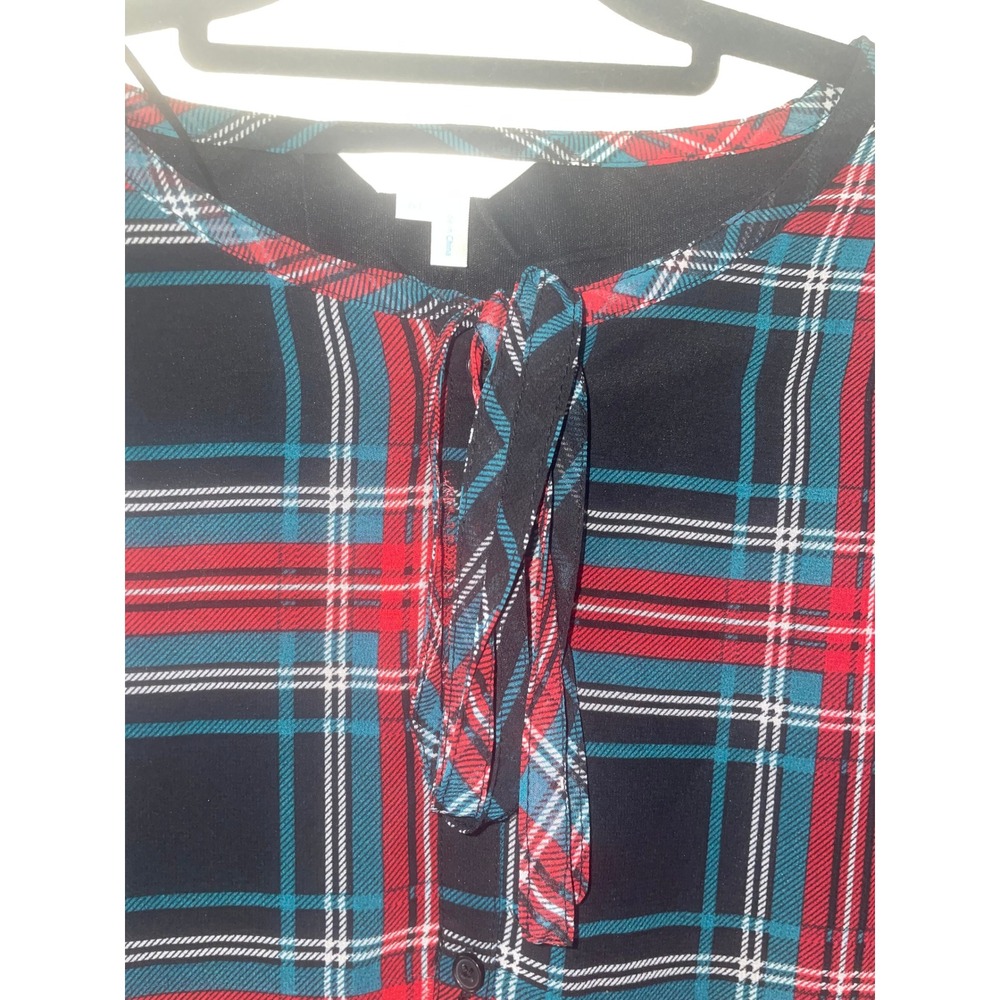 NWT Draper James Tie Neck Flounce‎ Shift Dress Plaid Red Navy Teal Women's M - Picture 3 of 10